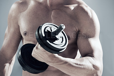 Buy stock photo Sports, dumbbell weight and closeup of man with muscles doing workout in gym for bodybuilding training. Fitness, exercise and male person from Canada with equipment  for health in wellness center.