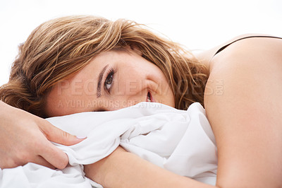 Buy stock photo Happy, laugh and portrait of woman in bed for waking, resting and relaxing in home. Comfortable, morning and face closeup of person with pillow, blanket and bedroom for nap, dreaming and wake up