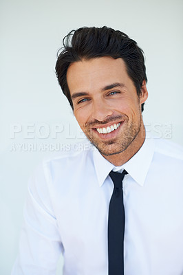 Buy stock photo Portrait, smile and a young business man in a shirt on a white background for professional employment. Face, company and mindset with a happy or confident employee in a tie to work on his career