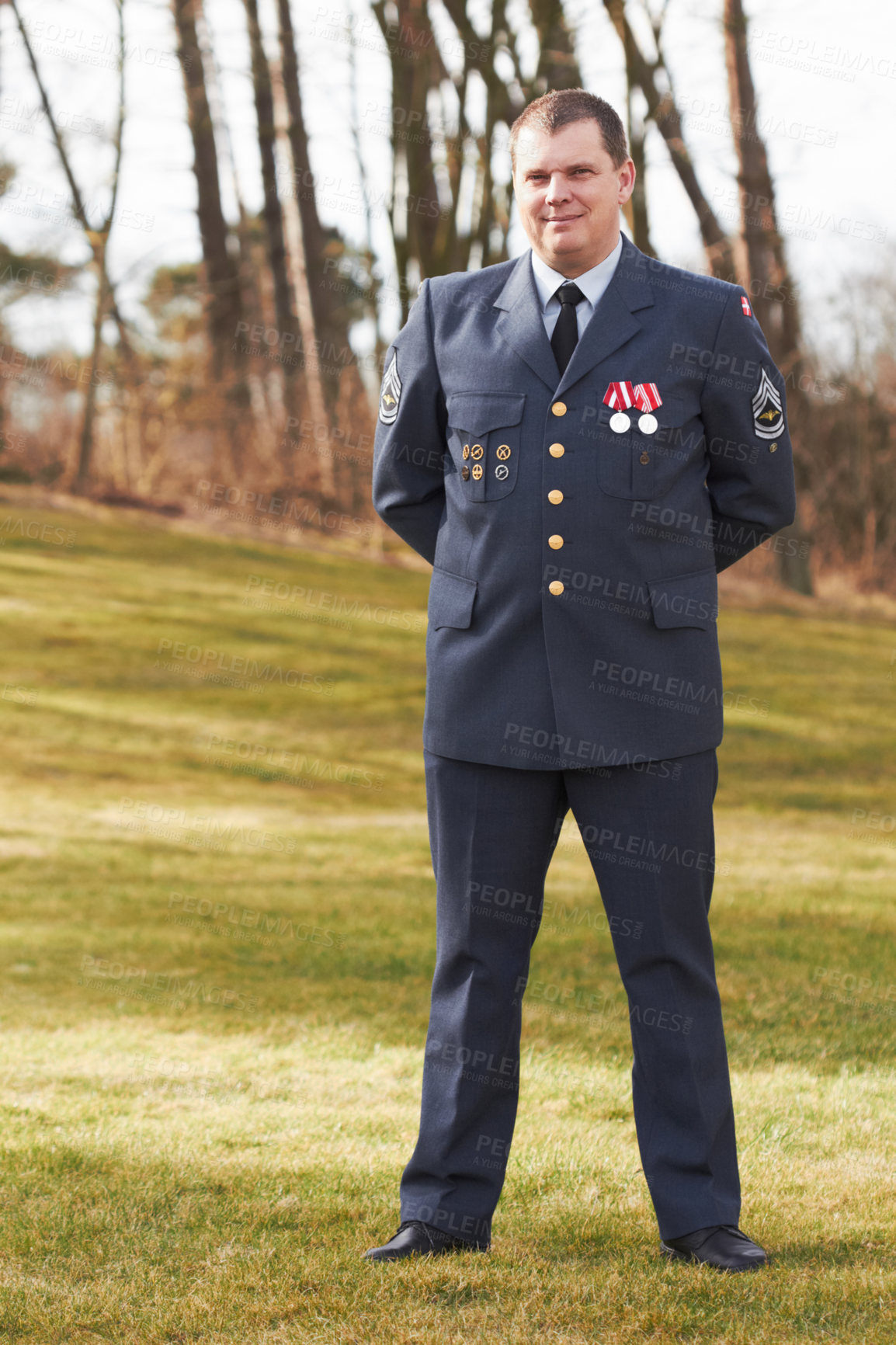 Buy stock photo Portrait, Denmark and veteran general or official in uniform or flag on sleeve and male soldier outdoors. Danish military, hero and badge of honor or man officer or security and courage for war 
