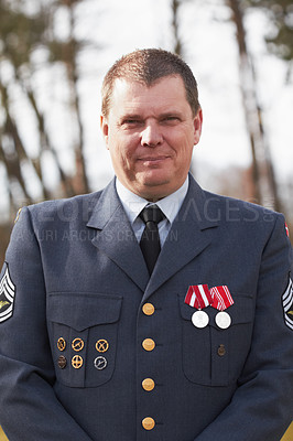 Buy stock photo Cropped portrait of a high ranking military official standing outside