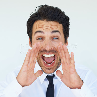 Buy stock photo Portrait, hands and shout, businessman with news, opinion or protest announcement in studio. Face of excited man screaming for attention, notification or voice with sound, noise and white background.