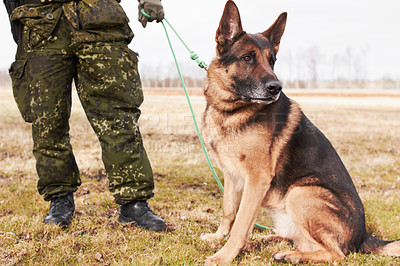 Buy stock photo A soldier standing with his dog