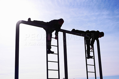 Buy stock photo Trainee pilots doing an obstacle course