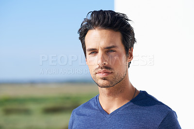 Buy stock photo Thinking, man and relax in the sun with idea and calm with memory and modern fashion. Patio, outdoor and contemplating with a male person from California in the summer sunshine with confidence