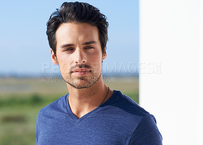 Buy stock photo Thinking, calm man and outdoor in the sun with idea and model with memory and modern style. Summer, patio and contemplating with a relax male person from California in the sunshine with confidence