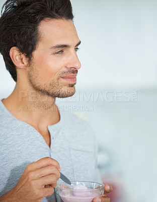 Buy stock photo Man, morning breakfast thinking for healthy wellness or organic yogurt snack, nutrition diet or fruit hunger. Male person, bowl and brunch meal or fiber vitamin for vitality joy, fresh idea or relax