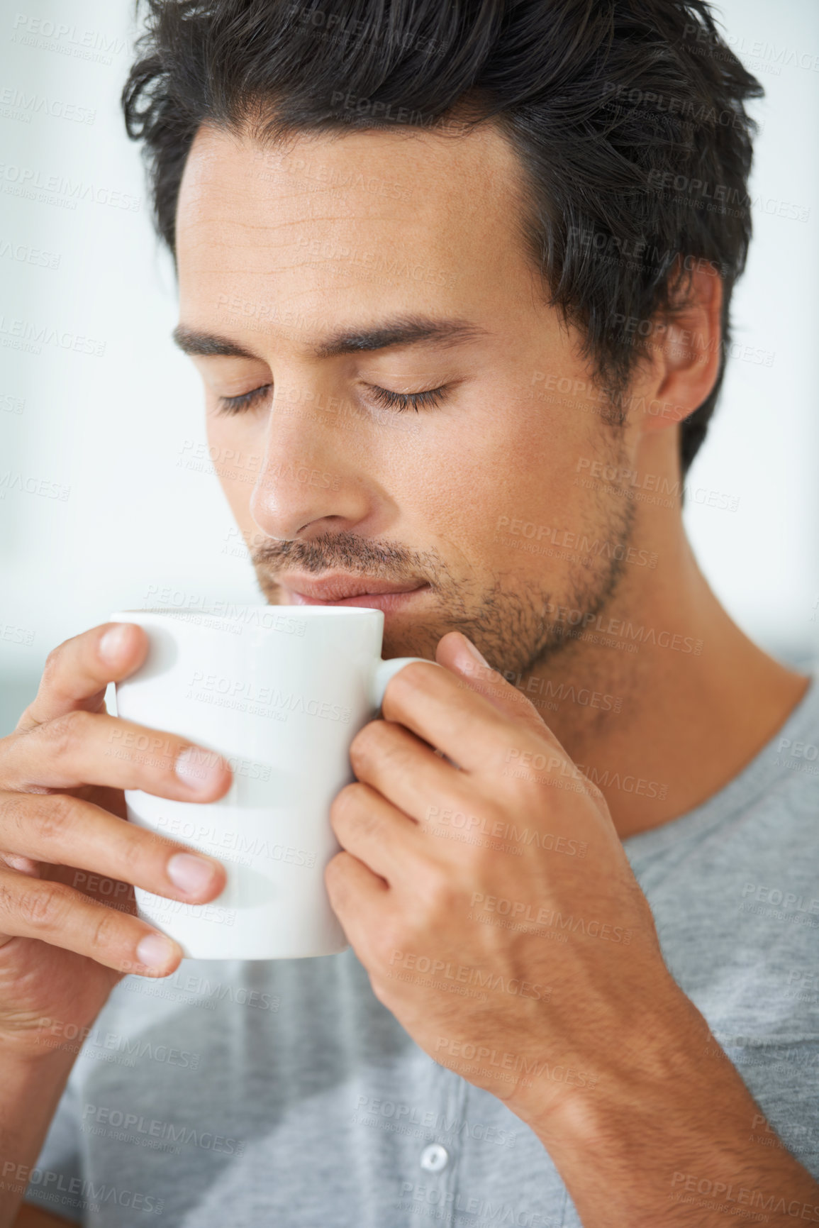Buy stock photo Man, coffee and cup smell for relax drink or morning breakfast beverage, calm daydream on lazy weekend. Male person, mug and caffeine latte for peace cappuccino aroma in home, quiet time for comfort
