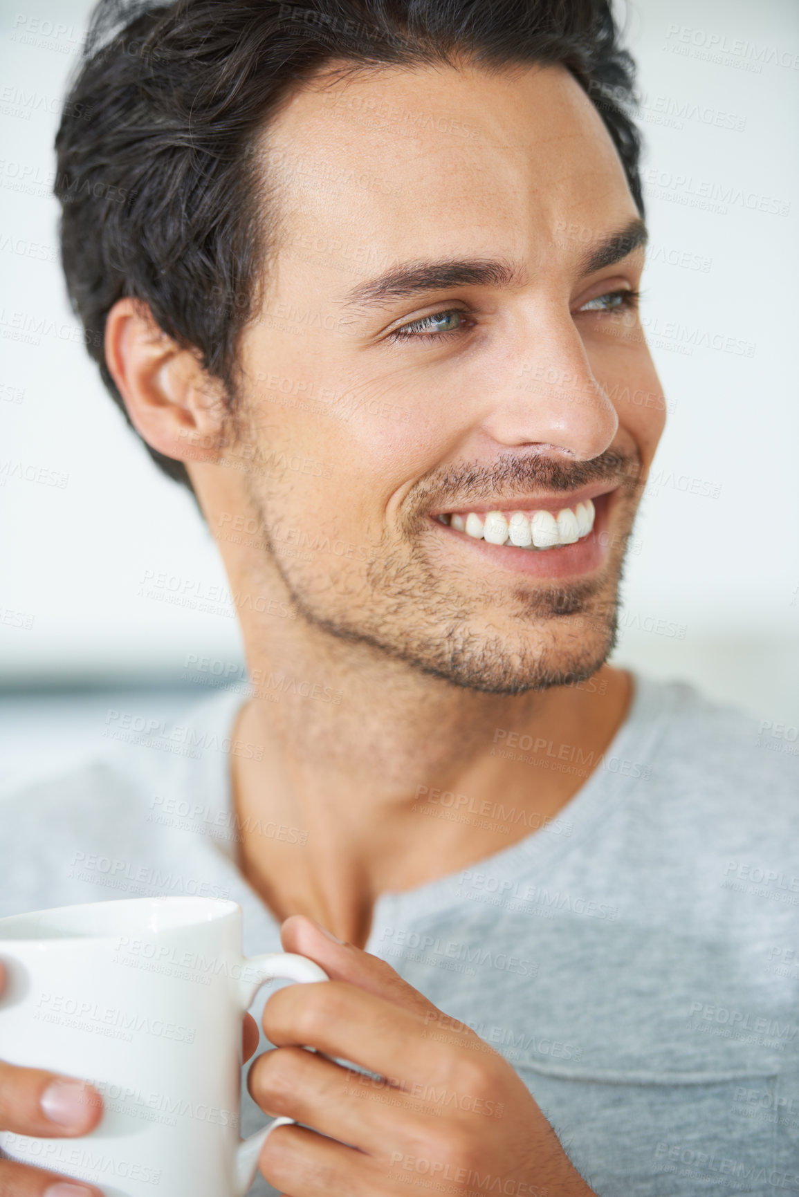 Buy stock photo Man, smile and coffee for morning breakfast for relax weekend rest, calm peace or holiday beverage. Male person, cup for tea or caffeine hot drink for wake up in apartment, fresh latte mug or happy