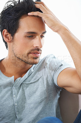 Buy stock photo Thinking, depression and man with stress, anxiety and regret mistake in home living room. Serious, frustrated person and financial crisis, challenge and reflection on decision, fail and mental health