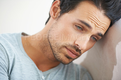 Buy stock photo Thinking, sad man or depression, stress or challenge to remember mistake in home. Serious, frustrated person or mental health crisis, anxiety or regret decision, fail or tired of psychological trauma
