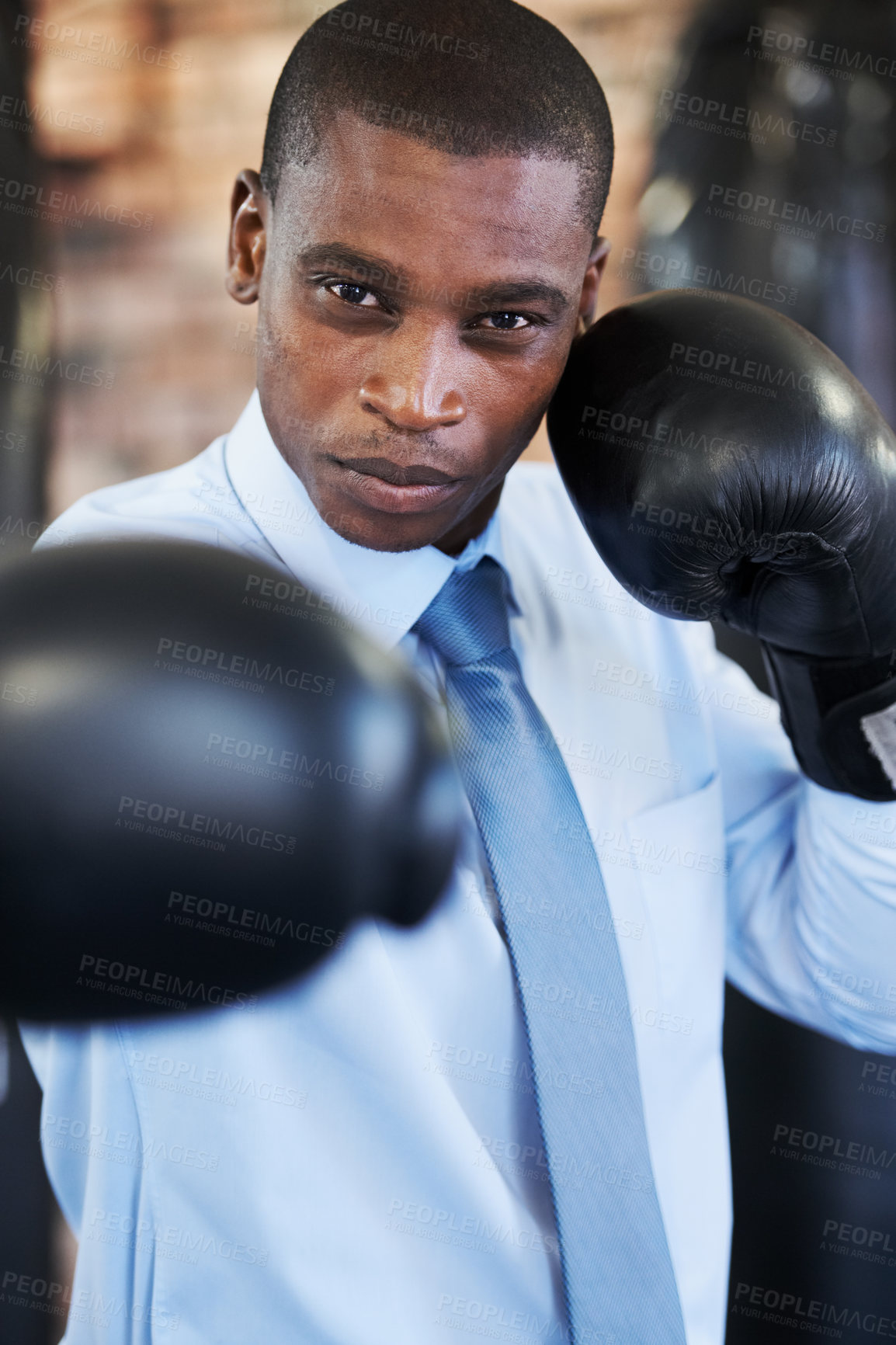 Buy stock photo Man, portrait and boxing gloves in suit competition for manager job, ready for business or corporate confidence. Black person, face and fighter gear for office achievement, career promotion at work