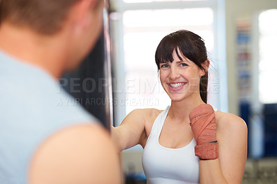 Buy stock photo Happy woman, portrait and boxing with personal trainer for self defense, workout or exercise at gym. Face of female person or boxer smile for MMA, fighting or indoor training in martial arts practice
