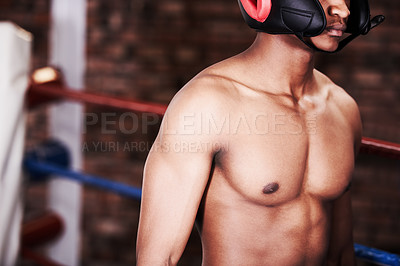 Buy stock photo Man, fighter and shirtless in boxing ring for healthy fitness gym exercise, sports workout or punch training. Black person, topless and in challenge club for health practice, competition as champion