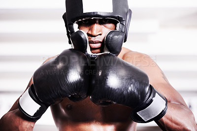 Buy stock photo Boxing, gloves and headgear, portrait of black man in gym in fitness training, power and workout challenge. Strong body, fighting and boxer padded safety helmet, fearless and confident in competition