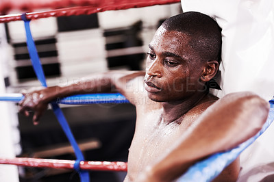 Buy stock photo Man, boxing ring and sweat or tired in gym for fitness exercise, professional athlete and rest. Black person, exhausted and competition punch practice or goals training, mma fight in arena battle