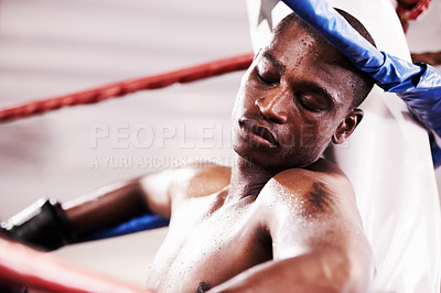 Buy stock photo Man, boxing ring and workout rest or exercise sweat, professional athlete or tired burnout. Black person, exhausted and competition punch practice or goals training, mma fight fatigue in arena battle