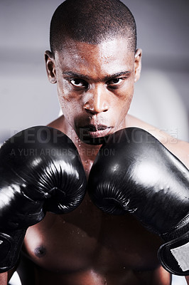 Buy stock photo Boxing, gloves and portrait of black man with confidence, fitness and workout challenge at sports club. Strong body, face of athlete or boxer in gym with sweat and warrior power in competition fight.