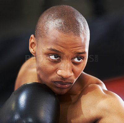 Buy stock photo Boxing, gloves and face of black man training with fitness, power and workout challenge in club. Strong body, muscle and boxer in gym, athlete with fist up and confidence in competition fighting.