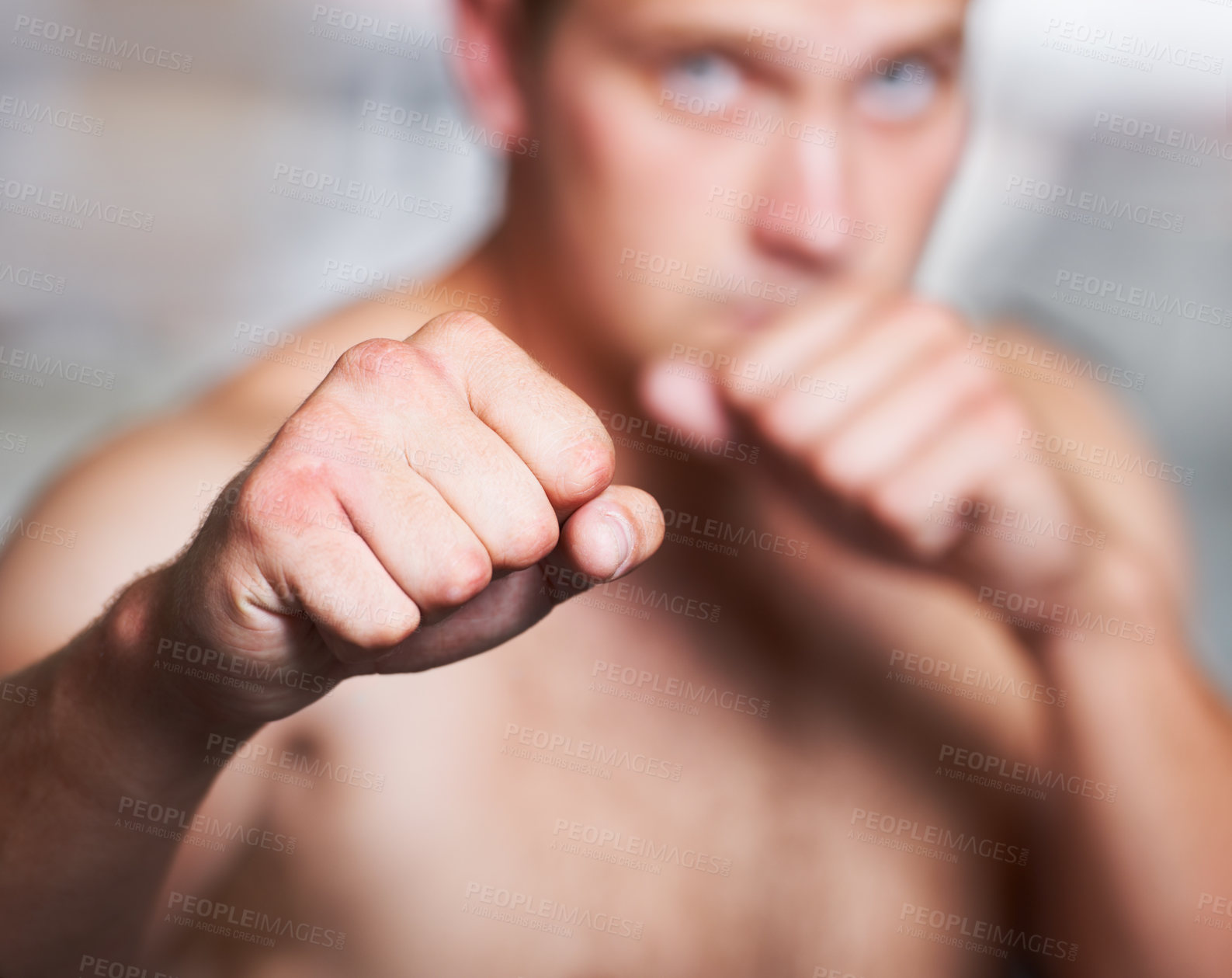 Buy stock photo Boxing, hands and portrait of man on blurred background with fitness, power and training challenge. Strong body, muscle and boxer in gym, athlete with fist up and confidence for competition fight.