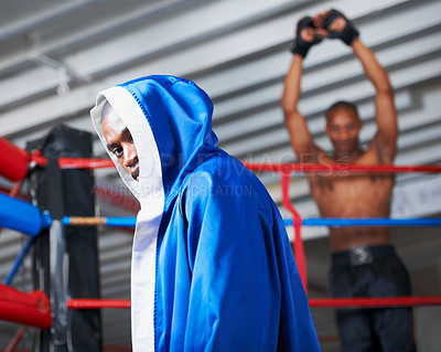 Buy stock photo Black man, portrait and boxing champion in robe for ring match, competition or fight at gym. Face of serious African male person or professional boxer ready for fighting challenge, MMA or sports