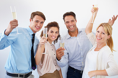 Buy stock photo Business people, champagne and portrait for celebration, success and teamwork or achievement at staff party. Group of employees or friends with wine glasses and office drinks by white wall background