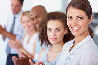 Buy stock photo Business people, portrait and applause in celebration for presentation, meeting or seminar at workshop. Happy group of employees clapping for team coaching, audience or staff training at convention