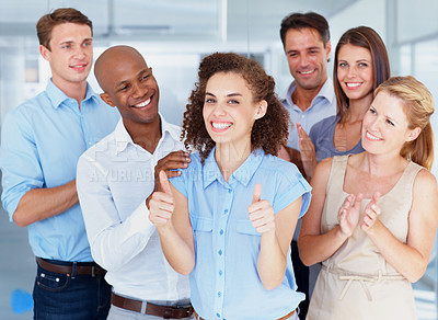 Buy stock photo Business people, portrait smile and thumbs up for success, promotion or winning at office. Group of employees in celebration applause showing thumb emoji, yes sign or like for teamwork at workplace