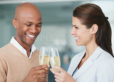 Buy stock photo Partnership, champagne and smile for toast, cheers and success or achievement, bonus and target. Happy people, motivation and congratulations in office, victory and celebrate with drink, goals or joy