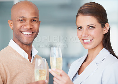 Buy stock photo Partnership, champagne and smile for toast, portrait and success or achievement, bonus and target. Happy people, motivation and congratulations in office, victory and celebrate with drink or cheers