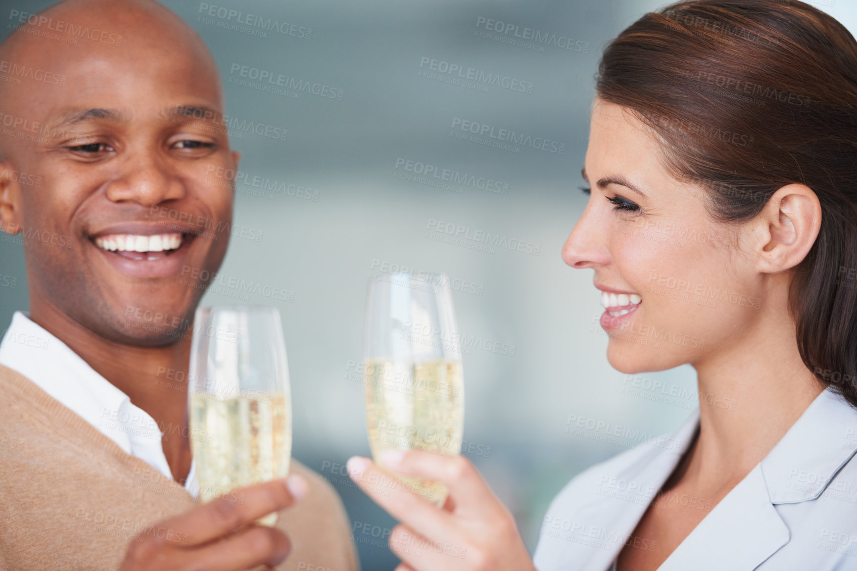 Buy stock photo Partnership, alcohol and smile for toast, cheers and success or achievement, bonus and target. Happy people, motivation and congratulations in office, victory and celebrate with drink, goals or joy
