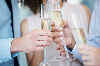 Buy stock photo Hands, team and champagne for toast, cheers and success or achievement, bonus and target. People, motivation and congratulations in office, victory and celebrate with drink, goals or collaboration