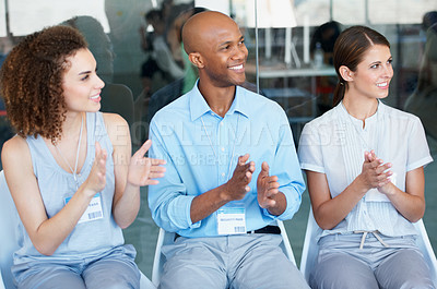 Buy stock photo Business people, applause and celebration for presentation, meeting or seminar at workshop. Happy group of employees clapping for team coaching, audience or staff training convention at the workplace