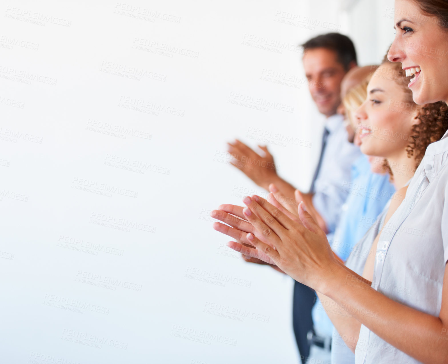 Buy stock photo Business people, applause and celebration for presentation, meeting or workshop on mockup. Happy group of employees clapping in convention for team coaching, audience or staff training at workplace