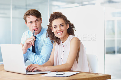 Buy stock photo Laptop, conversation and business people in collaboration in the office doing research for legal information. Professional, technology and team of lawyers in discussion with computer in workplace.