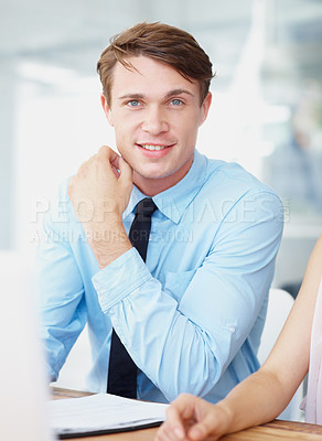 Buy stock photo Portrait, lawyer and business man in office, workplace or company with coworker. Law, happy and male professional, entrepreneur and person with confidence and pride in career, job or occupation.