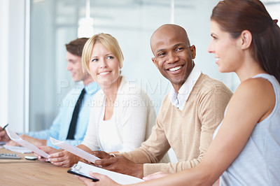 Buy stock photo Discussion, diversity and business people in a meeting in a office planning corporate report. Collaboration, teamwork and professional employees working on a company project together in the workplace