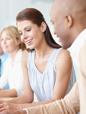 Buy stock photo Woman, team and smile in business meeting, office and collaboration or teamwork, workshop and seminar. Happy people, confidence and positive mindset at company, future and growth or face in boardroom