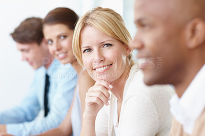 Buy stock photo Woman, portrait and smile in business meeting, office and collaboration or teamwork, workshop and seminar. Happy team, confidence and positive mindset at company, support and growth in conference