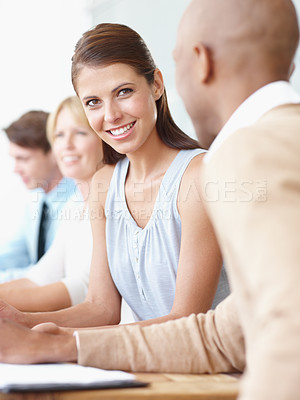 Buy stock photo Business, woman and staff in a meeting, talking and planning for new project, brainstorming and workshop. Happy female person, employees and coworkers with collaboration, share ideas and conversation