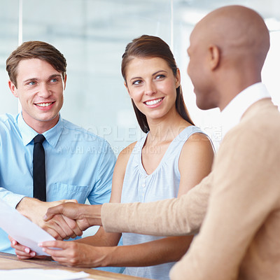 Buy stock photo Business people, handshake and meeting for hiring, recruitment or partnership at the office. Group of employees shaking hands for b2b, greeting or introduction in recruiting process at the workplace