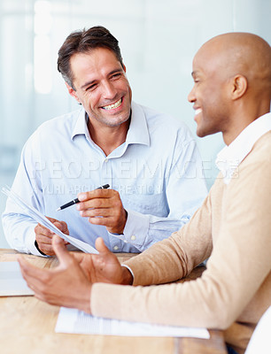 Buy stock photo Meeting, happy business men with papers and talking or negotiating in work office together. Interview or contract agreement, teamwork or collaboration and coworkers discussing proposal or promotion
