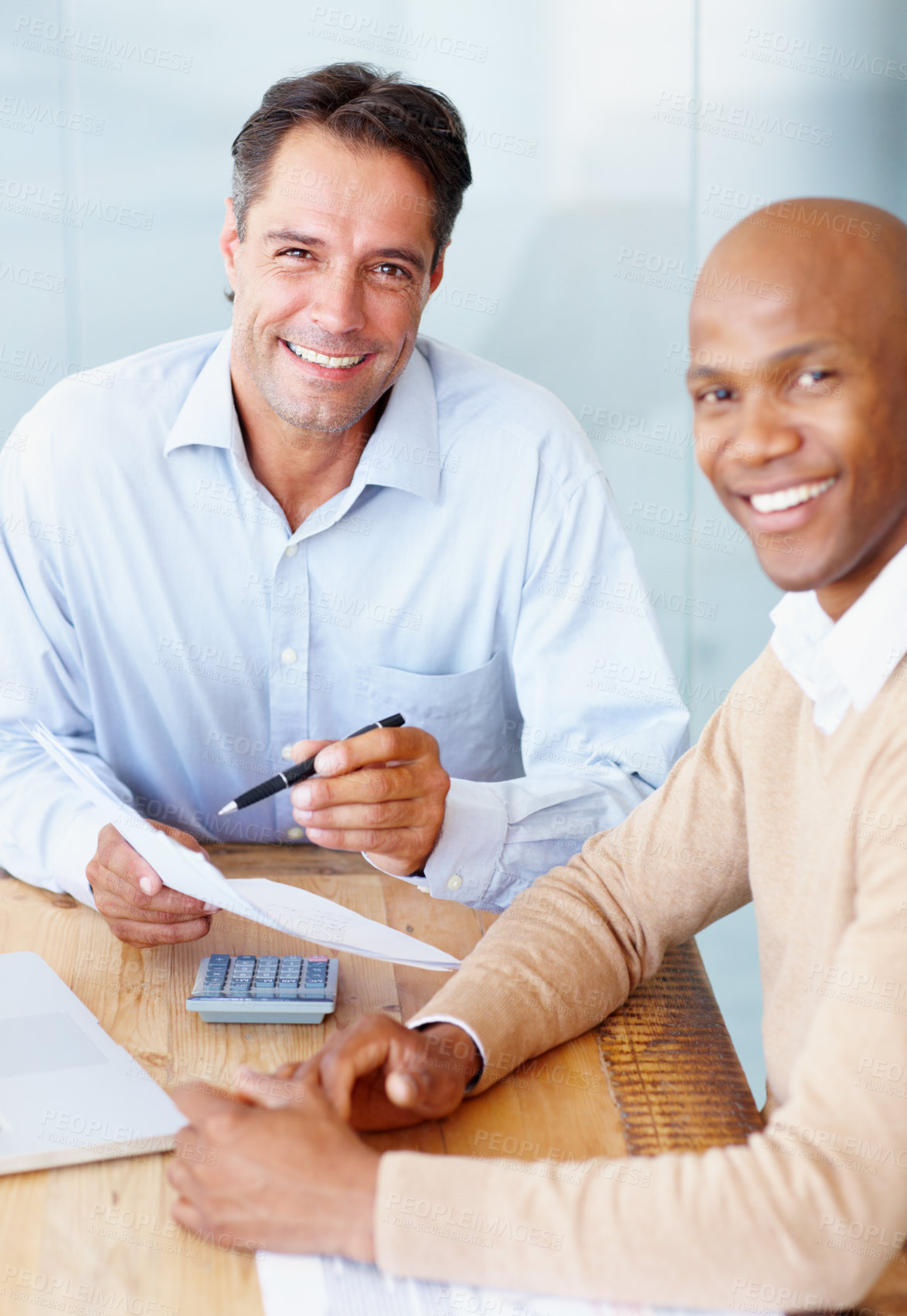 Buy stock photo Budget, planning and portrait of happy men in a meeting with documents and calculator for finance or sales in office. Face, smile and people in accounting, collaboration and economy growth report
