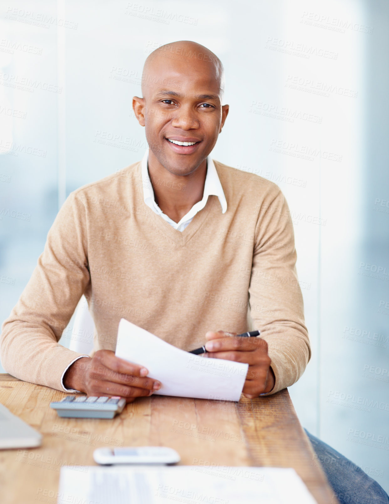 Buy stock photo Portrait, accountant and black man with paperwork in office with pride for career or job. Professional accounting, documents and happy business person from South Africa sitting in company workplace.