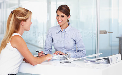 Buy stock photo Business people, documents and team discussion at table, planning strategy or brainstorming. Women, smile and paperwork in collaboration, cooperation or financial advisor with folder report in office