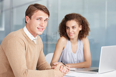 Buy stock photo Businessman, laptop and meeting in portrait, smile and working on project, proposal and strategy. People, planning and vision or agenda, teamwork and technology or collaboration and communication