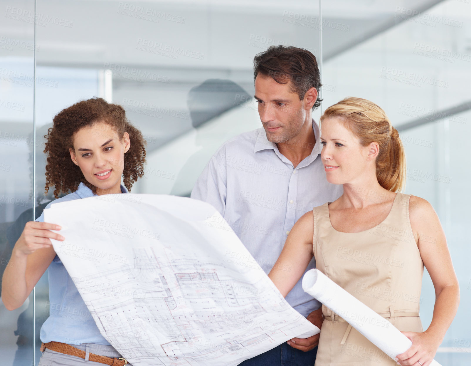 Buy stock photo Architect team, blueprint and planning in construction, meeting or collaboration at office. Group or business people looking at document, paperwork or floor plan for architecture project at workplace