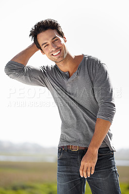 Buy stock photo Happy, portrait and a man with fashion in nature to relax, enjoy weekend and break in Colombia. Smile, handsome and a stylish guy with happiness and confidence in clothes while in the countryside