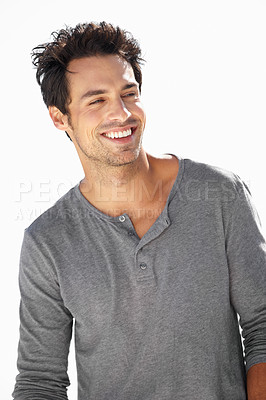 Buy stock photo Happy, model or man laughing with fashion, trendy or cool casual clothes with a smile in Germany. Style, young or funny handsome person with a stylish modern outfit isolated on white background