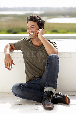 Buy stock photo Happy, phone call and man outdoor, relax or summer holiday with confidence, connection or communication. Male person, stylish or guy with a smartphone, Spain and conversation with happiness outside